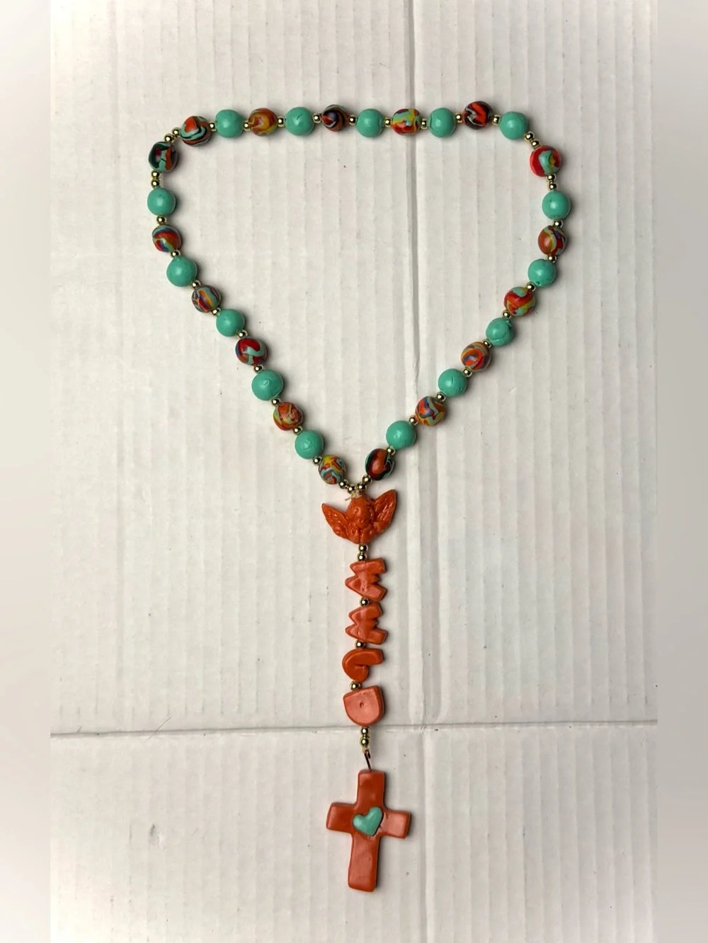 Handmade Catholic Rosary Necklace Orange Green Clay Beaded What Would Jesus Do - Picture 6 of 8